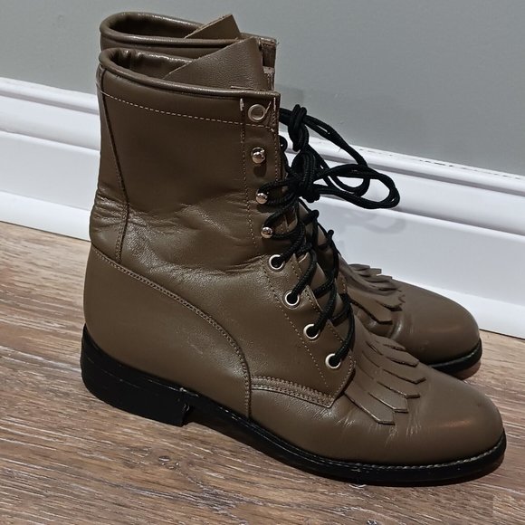 Justin Boots Kiltie Roper Combat Western Leather Lace-up Boots Tan Wmns Sz 6.5 C - Picture 1 of 6